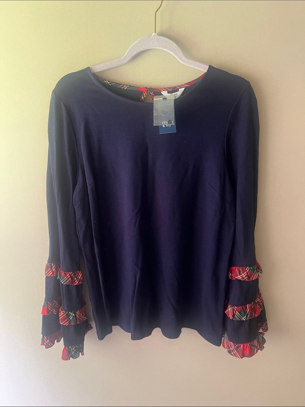 crown & ivy Navy Long-Sleeve Top with Red Plaid Ruffle Sleeves